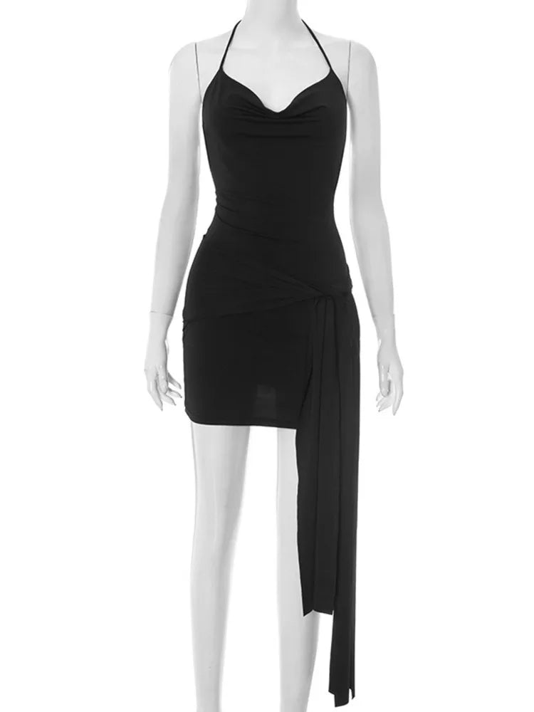 Halter Backless Draped Sexy Mini Dress Women Robe Fashion Off-shoulder Sleeveless Backless Bodycon Ruched Club Dresses voguable