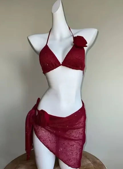 Voguable  Elegant Sexy Women V Neck Bandeau 3 Piece Bikini Set Non Padded Comfortable Quick Dry Elegant Beachwear Swimwear Fashion voguable