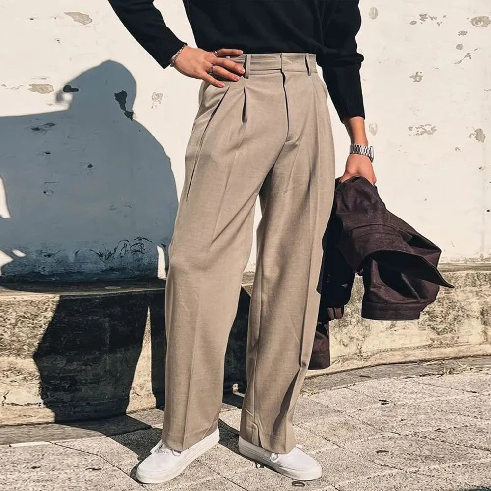 Mens Long Pants Pleated Streetwear Casual Suit Pants Autumn Versatile Breathable Solid Color Wide Leg Pants Men's clothing 2024 voguable
