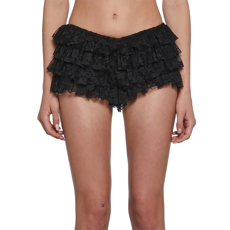 Voguable  Hot Sweet Girl's Summer Lace Fairycore Mesh Bloomer Shorts Low Waist Solid Overlap Ruffle Sexy Beach Holiday Cake Shorts voguable