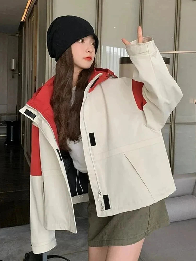 Vintage Patchwork Cargo Jacket Women Loose Preppy Style Long Sleeve Sweet Coat Casual Fall Female Retro All Match New Tops voguable