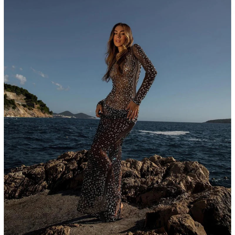 Tossy Glitter Female Cover up Maxi Dress Mesh See-Through Split Fashion Long Sleeve Slim Sexy Beach Cover up Dress For Women voguable