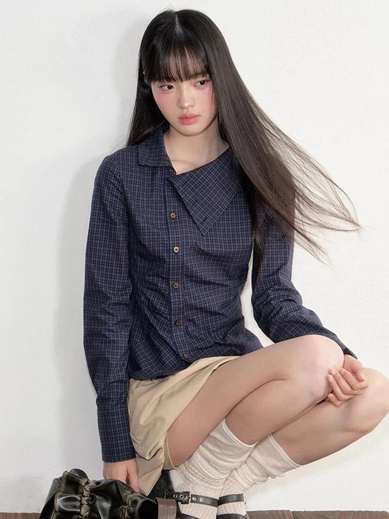 Vintage Slim Plaid Shirt Women Elegant Fall Long Sleeve Design Blouse Casual Preppy Style Female Retro Korean Sweet Tops voguable