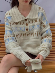 Retro Women Print Sweater Casual Korean Lazy Wind Sweet Knitted Jumpers Fall Winter Lady Long Sleeve Vintage Soft Pullover voguable