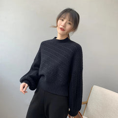 Fall Winter Thick Half Turtleneck Women Pullover Fashion Warm Lantern Sleeve Knitted Sweater Korean Loose Pure All-Match Jumper voguable