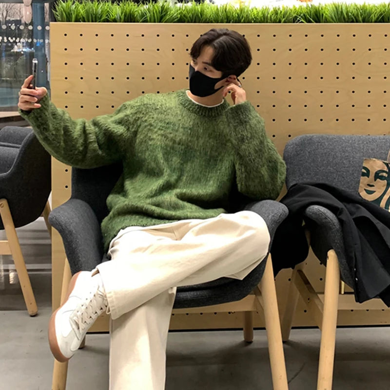 Autumn Clothing Men's Luxury Knitted Mohair Pullover Sweater Casual Long Sleeve Solid Color O Neck Vintage Korean Male Clothes voguable