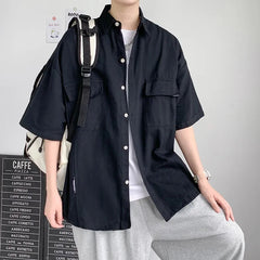 Working Pocket Solid Color Pure Cotton Short-sleeved Shirt Fashionable Summer Lapel Button Functional Half-sleeved Cardigan voguable