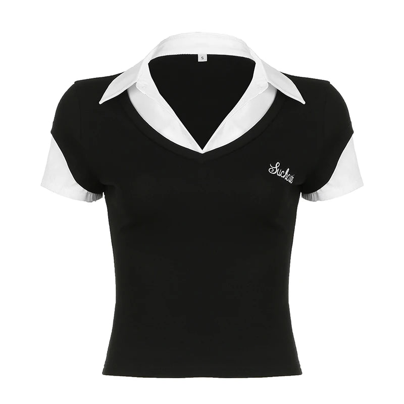 Voguable Korean Style Contrast Patchwork Top Women's Summer Preppy Style Slim-fitting Turn-down Short Sleeve T-shirts Streetwear voguable