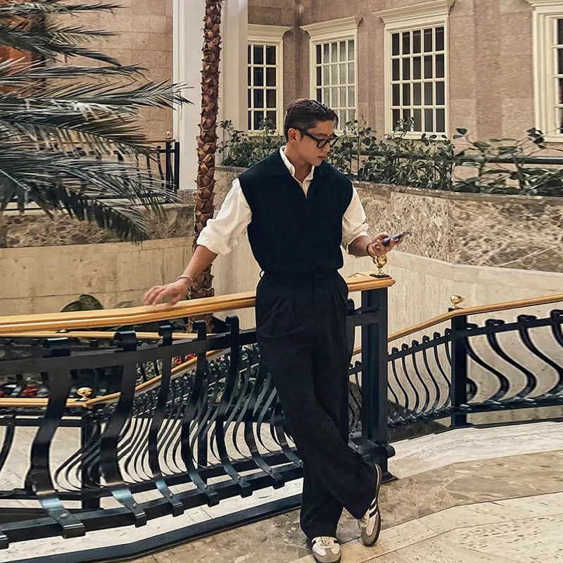 New Korean Fashion Polo Neck Men Sweater Vest Light Luxury Retro Business Knitted Sleeveless Waistcoats Leisure Premium Knitwear voguable