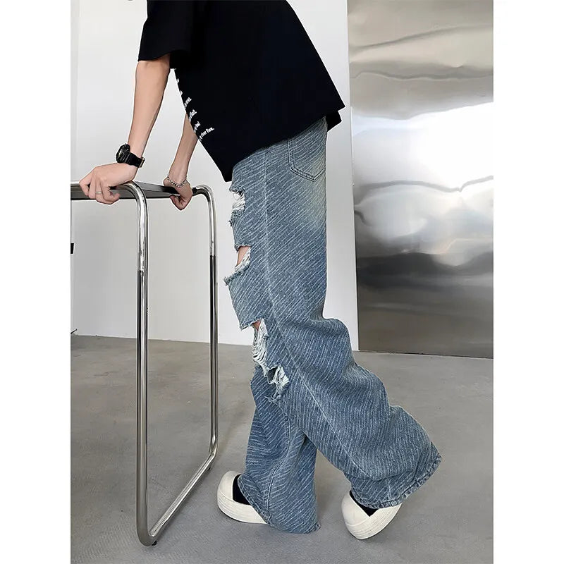 Men's Ripped Hole Jacquard Jeans Summer Thin Handsome Casual Pants Unisex High Street Straight Wide Leg Jeans Blue/Black