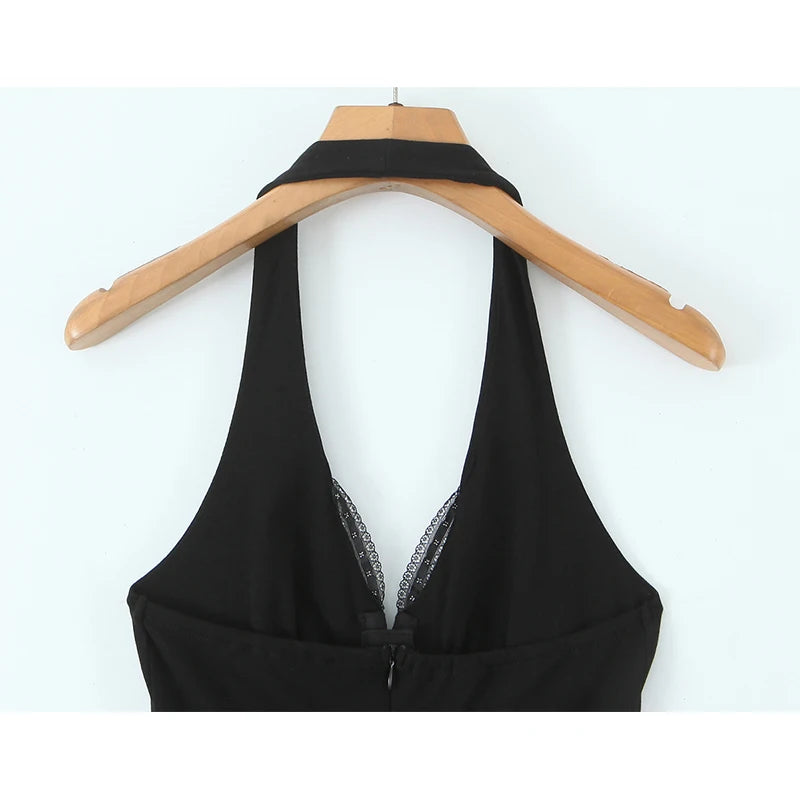French Style Retro Spicy Girl Halter Mini Black Dress Women Fashion Backless Lace Spliced Bow Sexy Dresses Summer Robe voguable