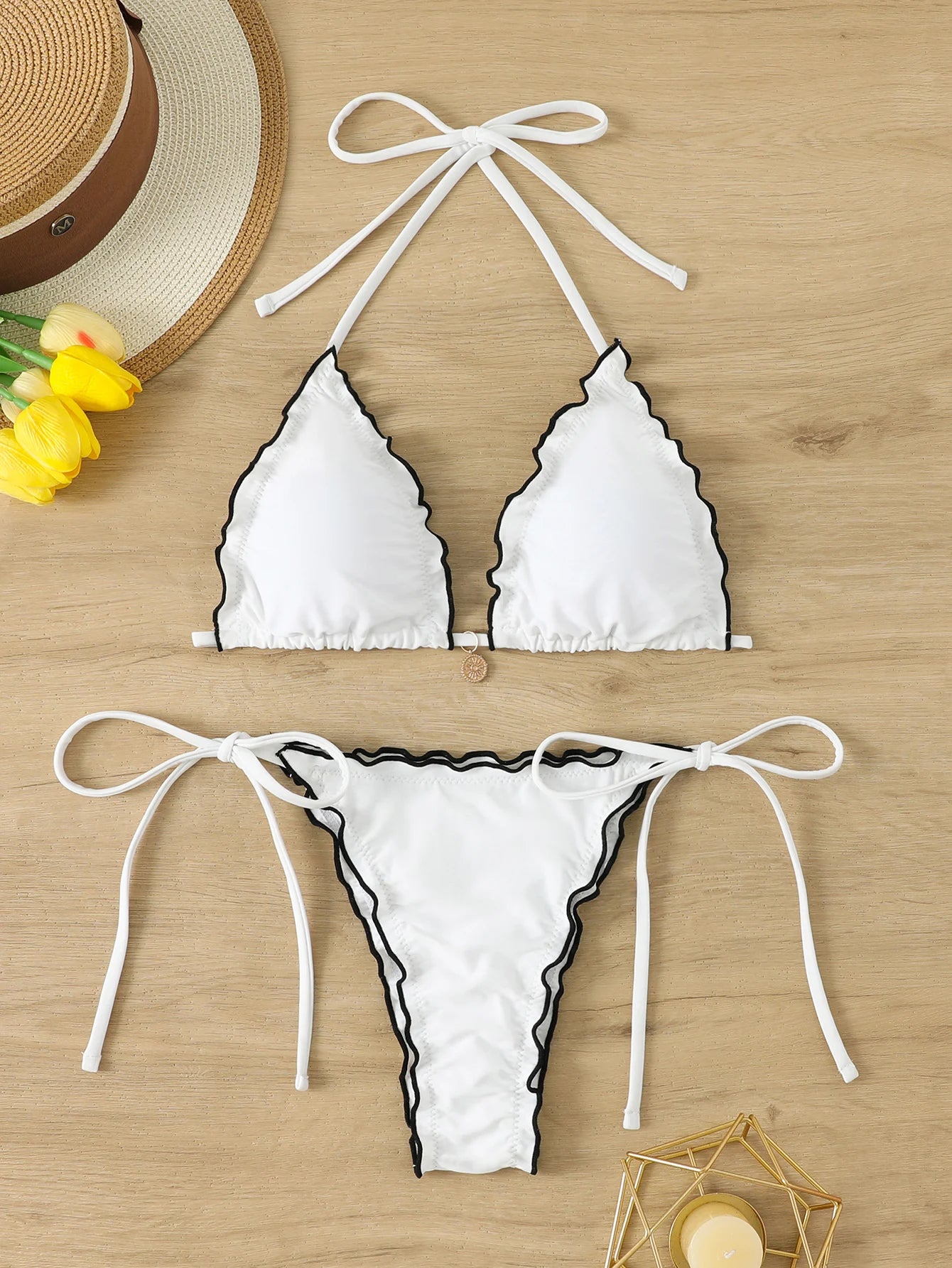 Voguable  Triangle Halter String Bikinis Women Sexy Ruffle Swimsuit Solid Cherry Swimwear Female Bathers Bathing Swimming Swim Suit voguable