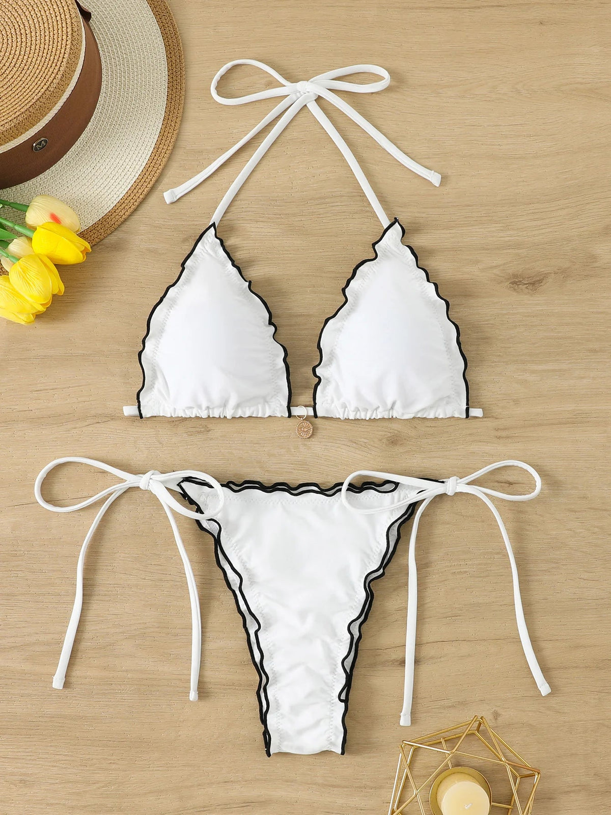 Voguable  Triangle Halter String Bikinis Women Sexy Ruffle Swimsuit Solid Cherry Swimwear Female Bathers Bathing Swimming Swim Suit voguable