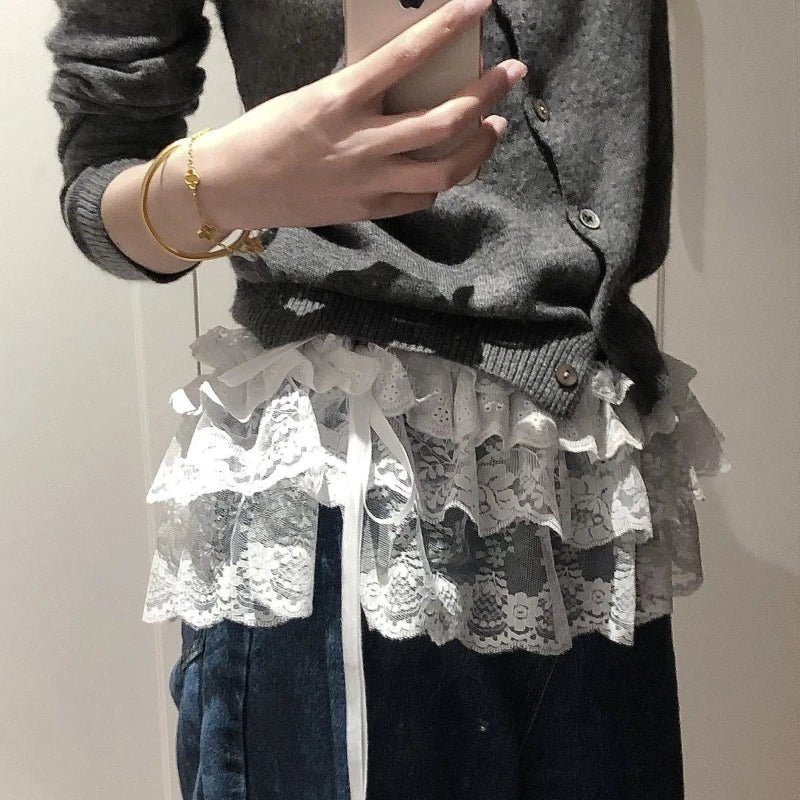 Voguable  Ballet Korea Chic Women Fart Curtain Heavy Lace Up French Style Slim Skirts Gentle Short Fungus Sweet All-match Skirts voguable