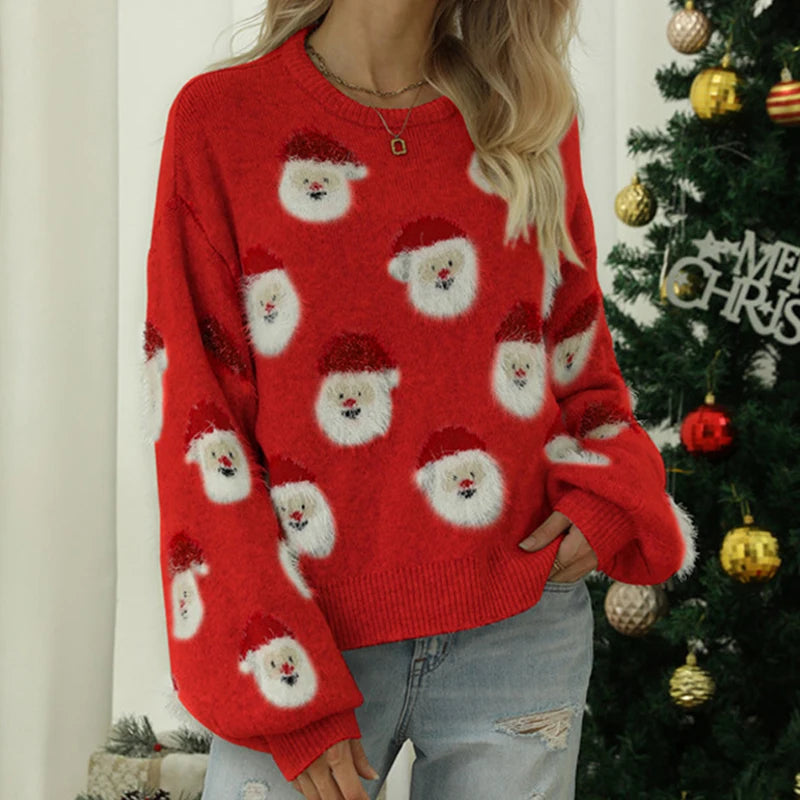 Ladies Cute Sweater Autumn/Winter New O-Neck Lantern Sleeve Loose Knitted Tops Traf Pullover Father Christmas Sweaters New Year voguable