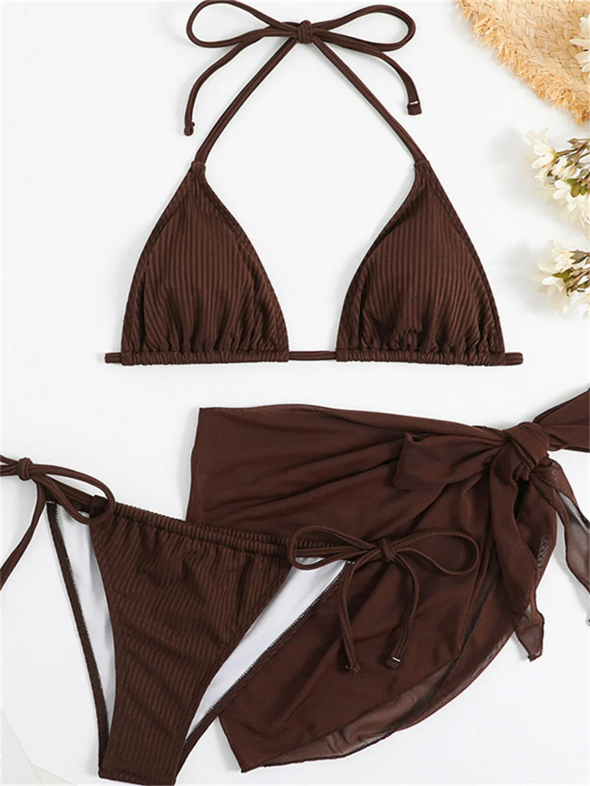 Voguable Sexy Solid Brown Bikinis Set Women Ribbed Halter Push Up Mesh Skirt Swimsuit 2024 Mujer Brazilian Bathing Suit Cover Up Swimwear voguable
