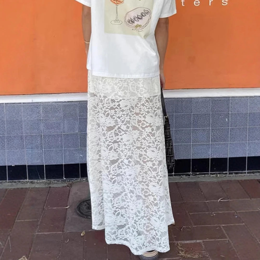 Mia Muse Skirts Spring Summer Skirts 2025 Natural Waist Lace Hollow Out Sheer Cool-Sweet Maxi Woman Skirts For Women voguable