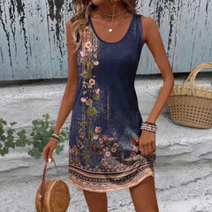 Voguable  European and American summer new sleeveless vest sling print A-swing dress voguable