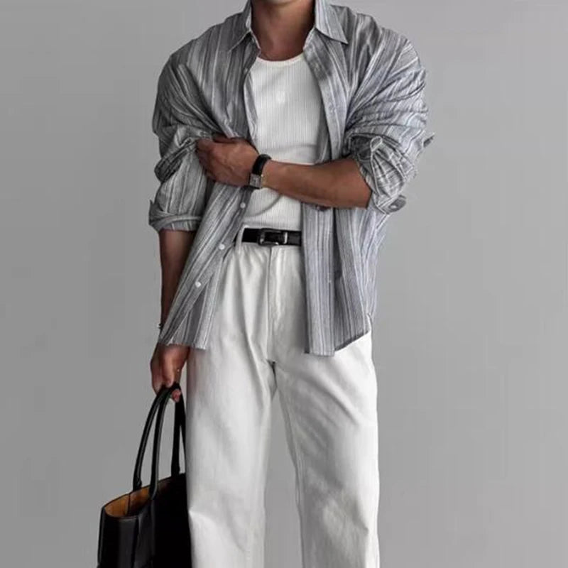 Voguable Vintage Men Striped Printed Shirt Long Sleeve Turn-down Collar Buttoned Shirts Autumn New Casual Slim Fit Men Cardigan Shirts voguable