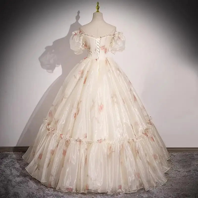 Champagne Off Shouder Strapless Elegant Evening Dress Fairy Sweet Stage Performance Princess Long Wedding Dresses for Women voguable