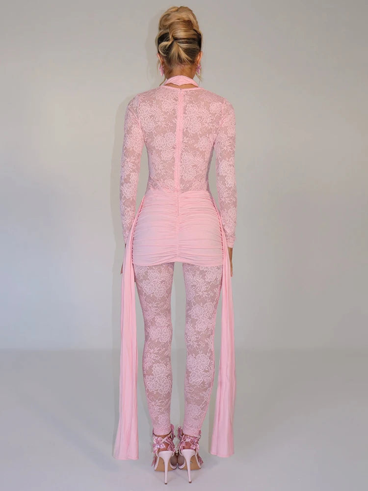 Sexy Lace Jumpsuit Women Sheer Lace Patchwork Long Sleeve Jumpsuits Female Elegant Draped Ruched Skinny Jumpsuit voguable