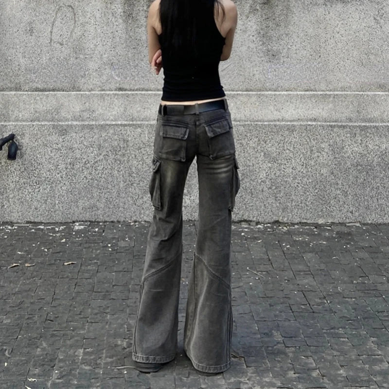 Voguable American Retro Pleated Pockets Loose Casual Wide Leg Jeans Women 2024 Spring New Low Waist Washed Distressed Cargo Pants voguable