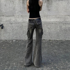 Voguable American Retro Pleated Pockets Loose Casual Wide Leg Jeans Women 2024 Spring New Low Waist Washed Distressed Cargo Pants voguable