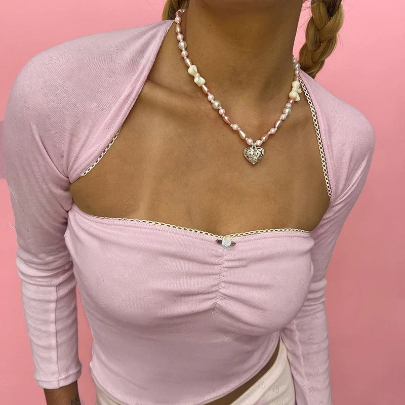 Voguable Appliques Strapless Tube Top and Long Sleeve Jumper 2 Piece Set Pink Coquette Casual Basic Crop Tops Suit Cute Women voguable