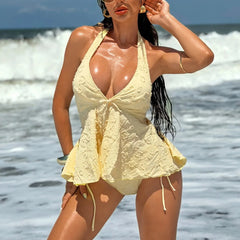Voguable  Women Solid Backless Swimwears Textured Halter Tankini Swimsuit Ruffled Top with Side Tie Bottom for Summer Beach Pool Swimwear voguable