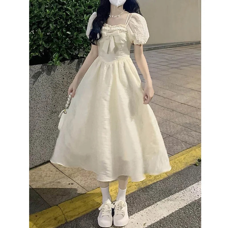 Voguable  Summer Puff Sleeve Princess Dress Women French Style Bow Tie Midi Dress Slim A-line Girl Party Fairy Dress voguable