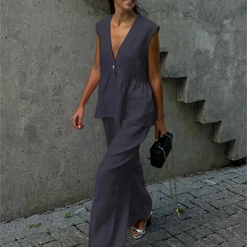 Fashion Women's Trouser Suits Sleeveless V-Neck Top Women Casual Straight Pants Sets Summer Women's Suit Commuter 2 Piece Set voguable
