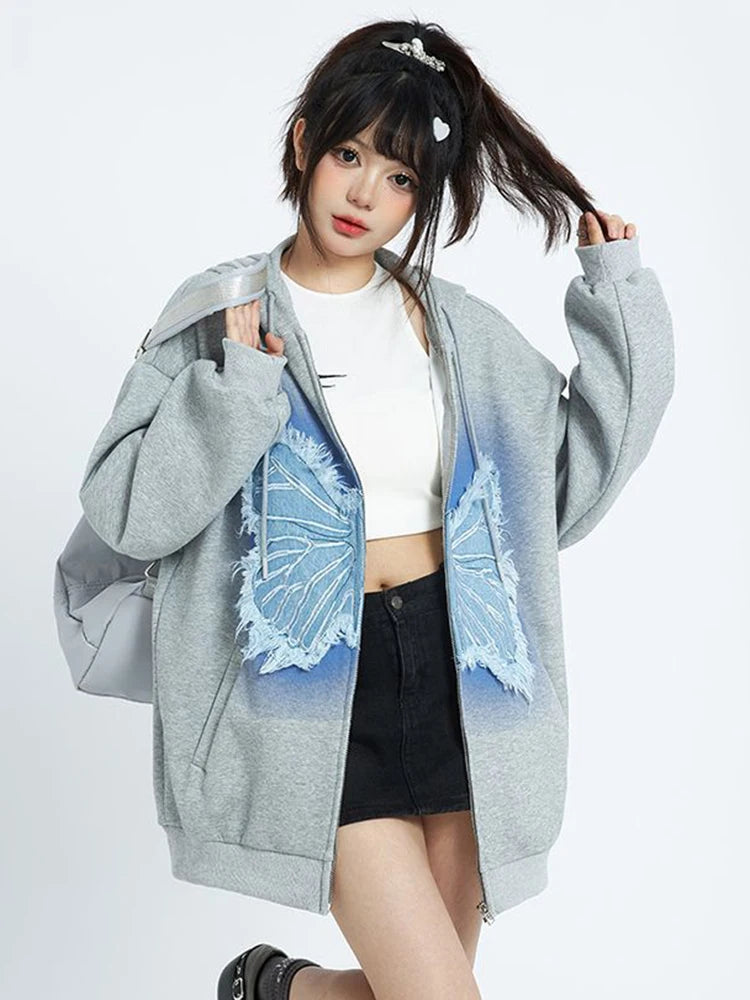 Vintage Women Y2K Hoodies Bufferfly Loose Long Sleeve Streetwear Sweatshirts Harajuku Casual Fall Lady Retro American Tops voguable