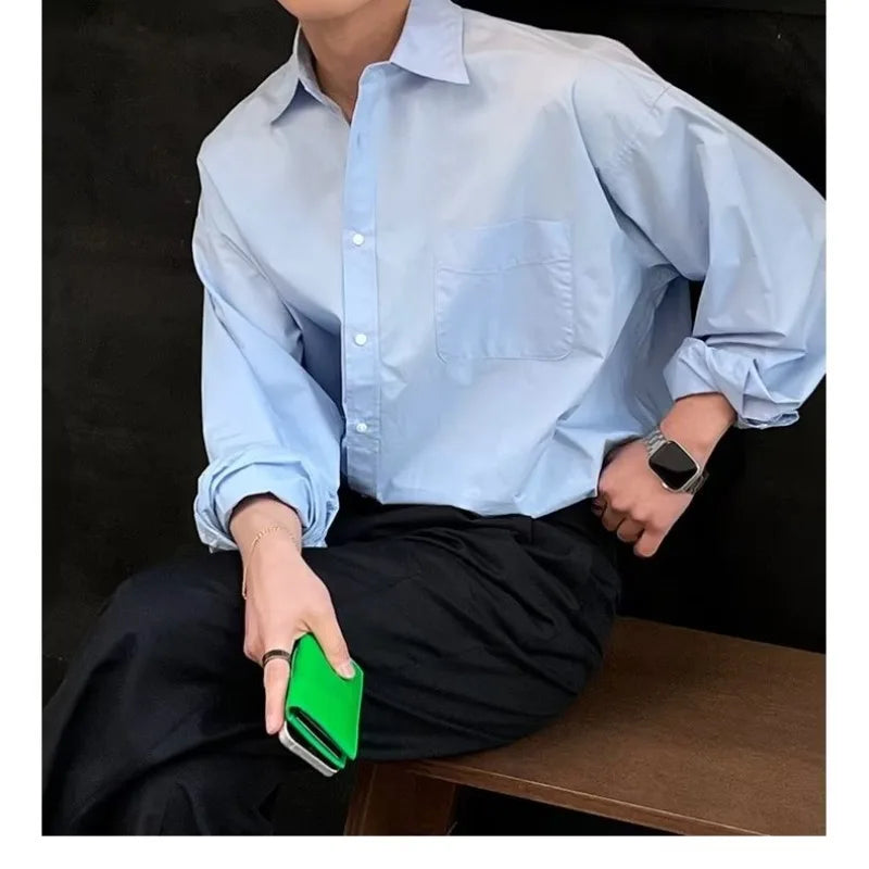 Voguable Spring New Korean Light Blue Shirt Men Oversized Solid Color Lapel Button Pocket Loose Business Casual Long Sleeve Men Shirts voguable
