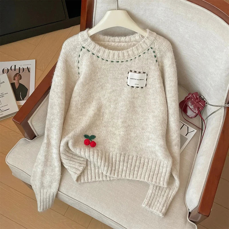 Cute 3D Cherry Sweaters Women Lazy Wind Long Sleeve Knitted Jumpers Japan Loose O Neck Female Kawaii Sweet Pullovers Tops voguable