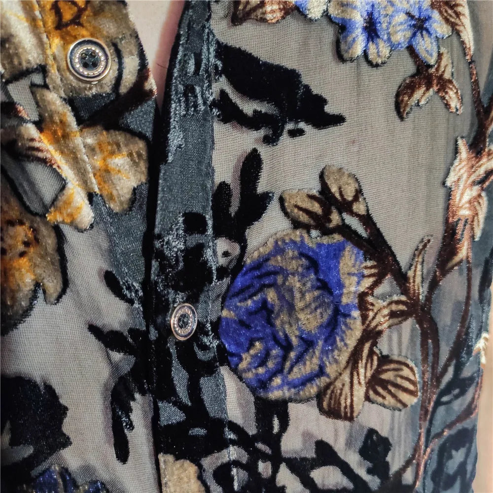 Colorful Flowers Pattern Velvet Shirt Men Transparent Short Sleeve Sexy Shirt Social Club Outfits Party Men Designer Shirt voguable