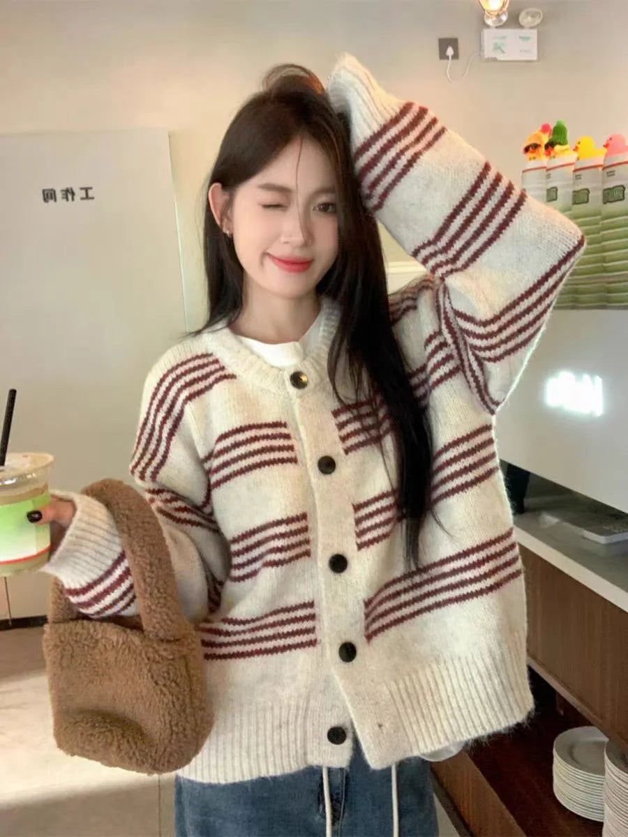 Women Cardigan Sweater Striped Crew Neck Button-up Sweater Jacket Comfy Cozy Slouchy Cardi Autumn Winter French Chic Outfit voguable
