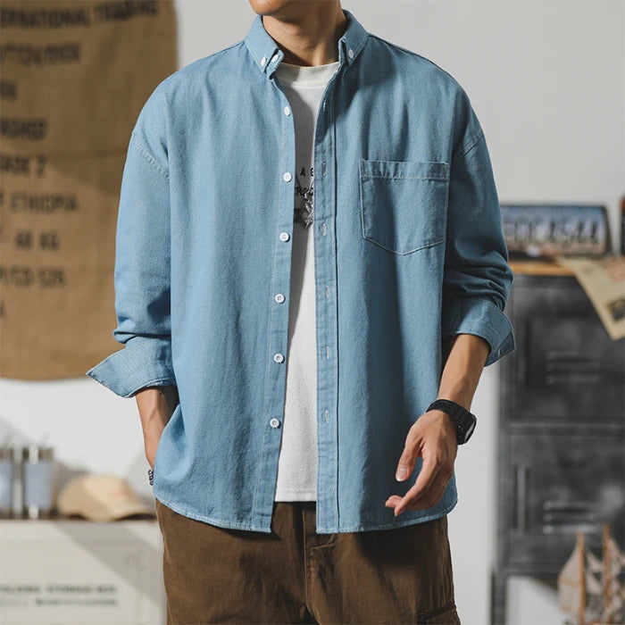 Autumn New Men's Long Sleeve Denim Shirt Classic Black Blue Loose Lapel Collar Coats Fashion Korean High Street Male Clothes Top voguable