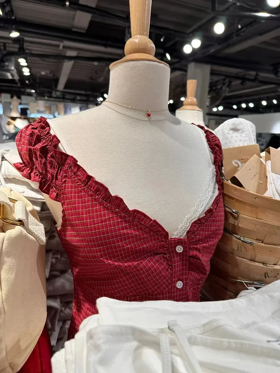 Voguable  Yellow Sweet Folds Blouse Casual Single Top Women Breasted Ruffle Sleeveless Tank Cute Casual Tops Vest Preppy Style Camis Y2K voguable