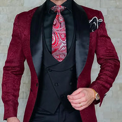 Tailor-Made Burgundy Wedding Men Suits Slim Fit Tuxedo 3 Pieces Suits Groom Prom Jacquard Blazer Terno Masculino Suits voguable