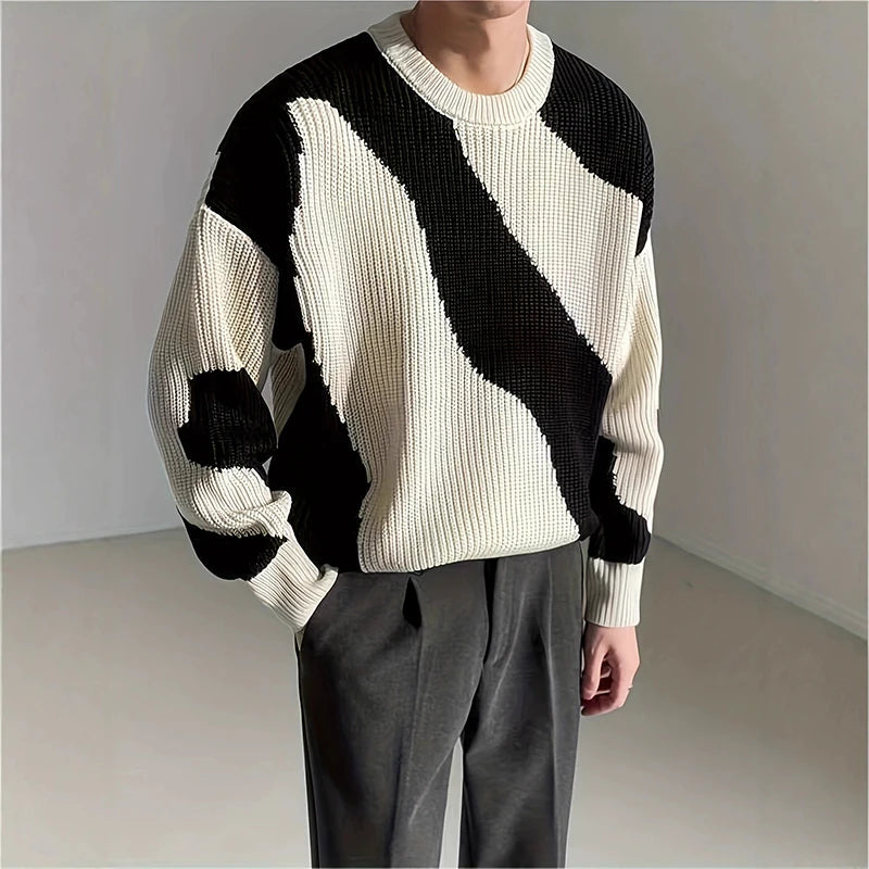 New Japanese Trendy Men Sweater High Street Patchwork Knitted O Neck Long Sleeve Pullover Casual Loose Premium Quality Knitwear voguable