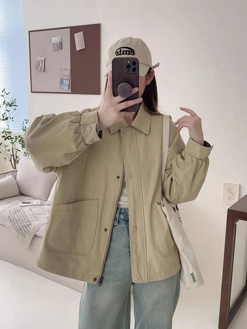 Fall Women Cargo Jacket Loose Preppy Style Long Sleeve Vintage Coat Casual Big Pockets American Retro Solid Bf Outwear Tops voguable