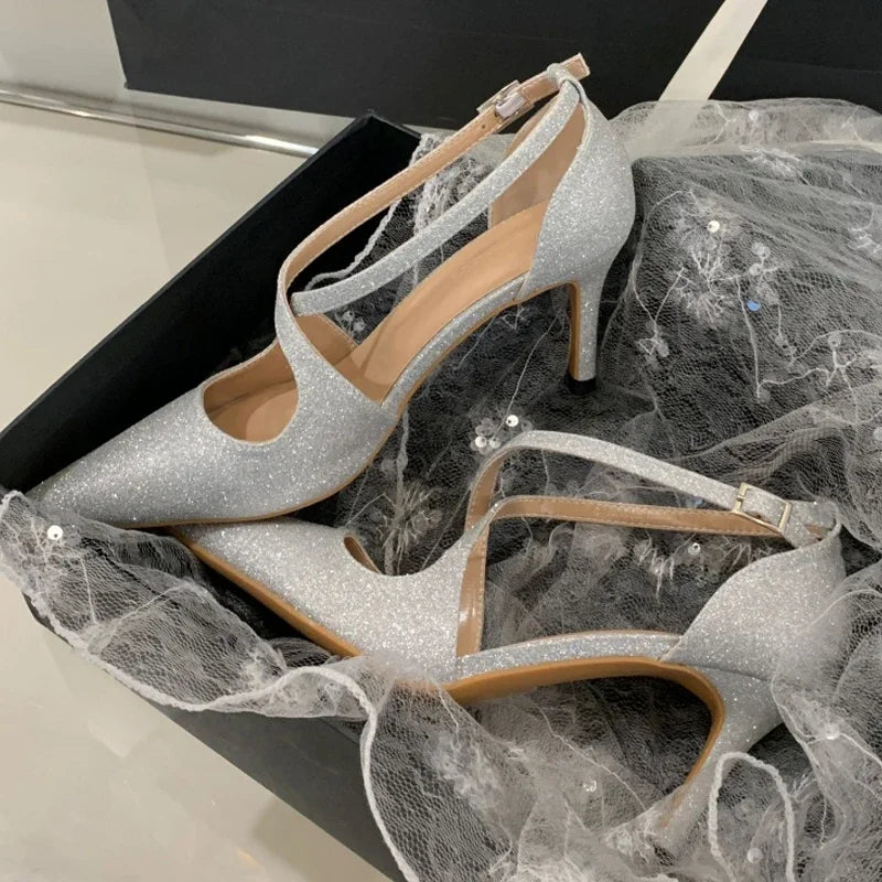 Voguable  Bling Sequin Cloth Pointed Toe Women Pumps Elegant Buckle Strap Thin Low Heels Party Prom Mules Shoes voguable
