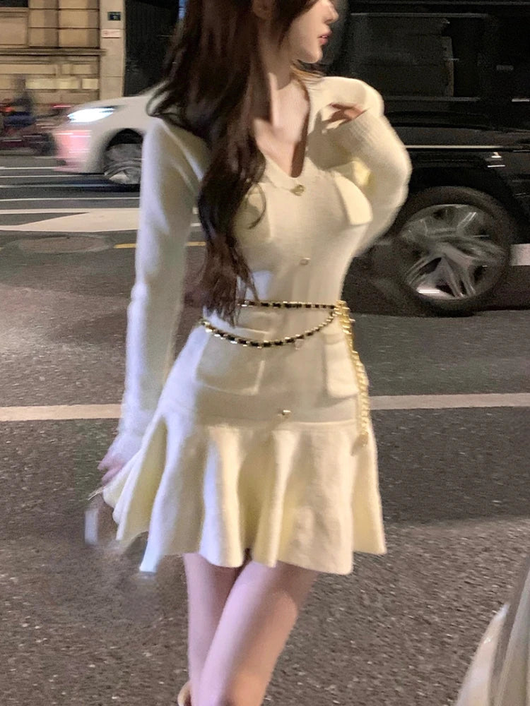 Voguable Casual Autumn White Knitted Sweater Mini Dress Women Black Elegant Lady Dresses Fashion Party Pure Color One Piece Dress voguable