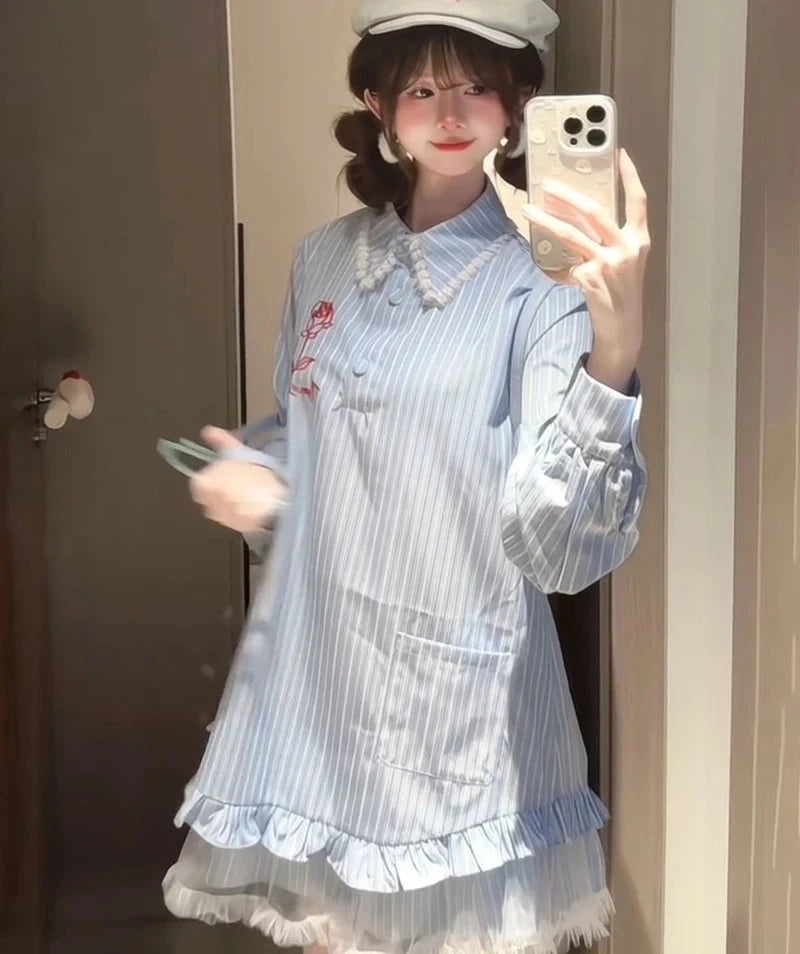 Lace Patchwork Striped Dress Women Sweet Floral Embroidery Mini Dress Fall Preppy Style Long Sleeve Cute Korean A Line Dress New voguable