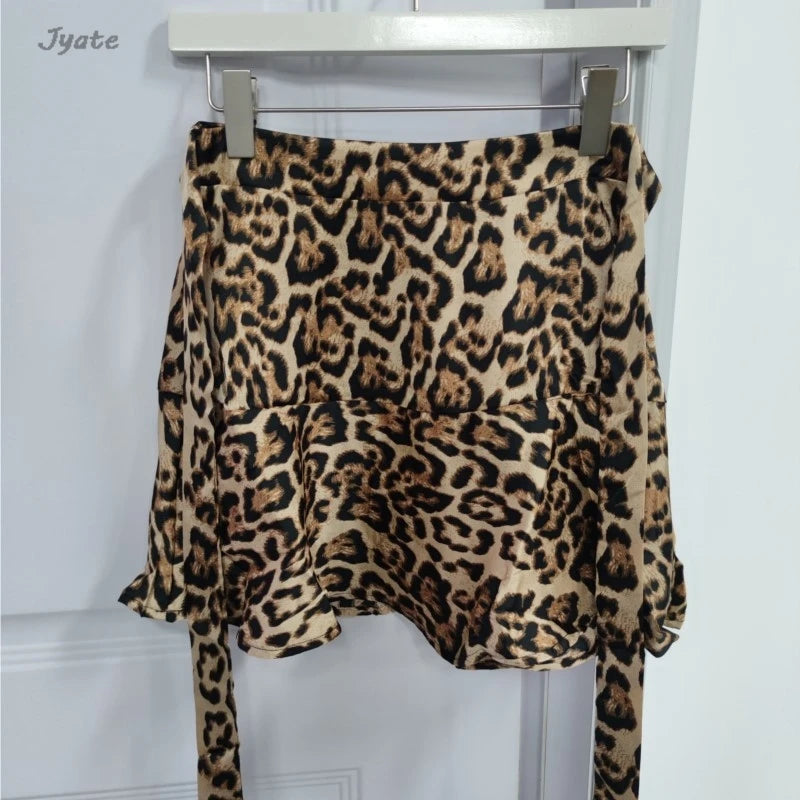 Fashion Retro Leopard Print Short Skirt Women's Streetwear High Waist Lace-up Casual A-line Summer Shorts Skirt 2024 New voguable
