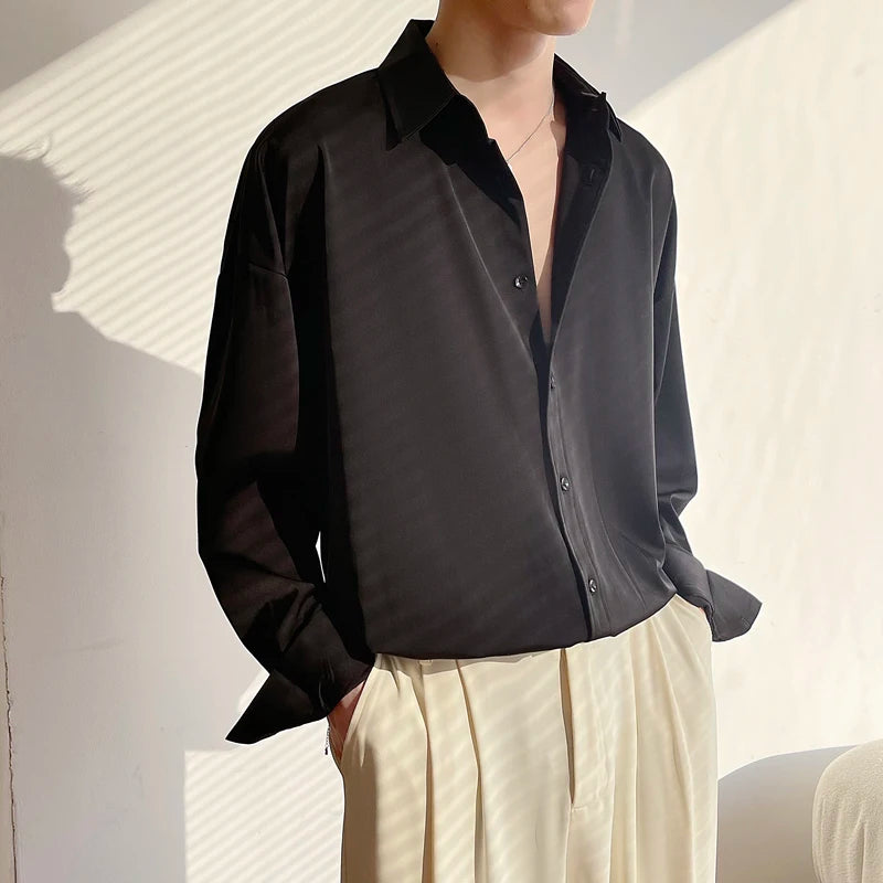 Voguable White Long Sleeved Shirt Men Oversized Fashion Social Men Dress Shirt Korean Loose Ice Silk Shirt Men Office Formal Shirts voguable