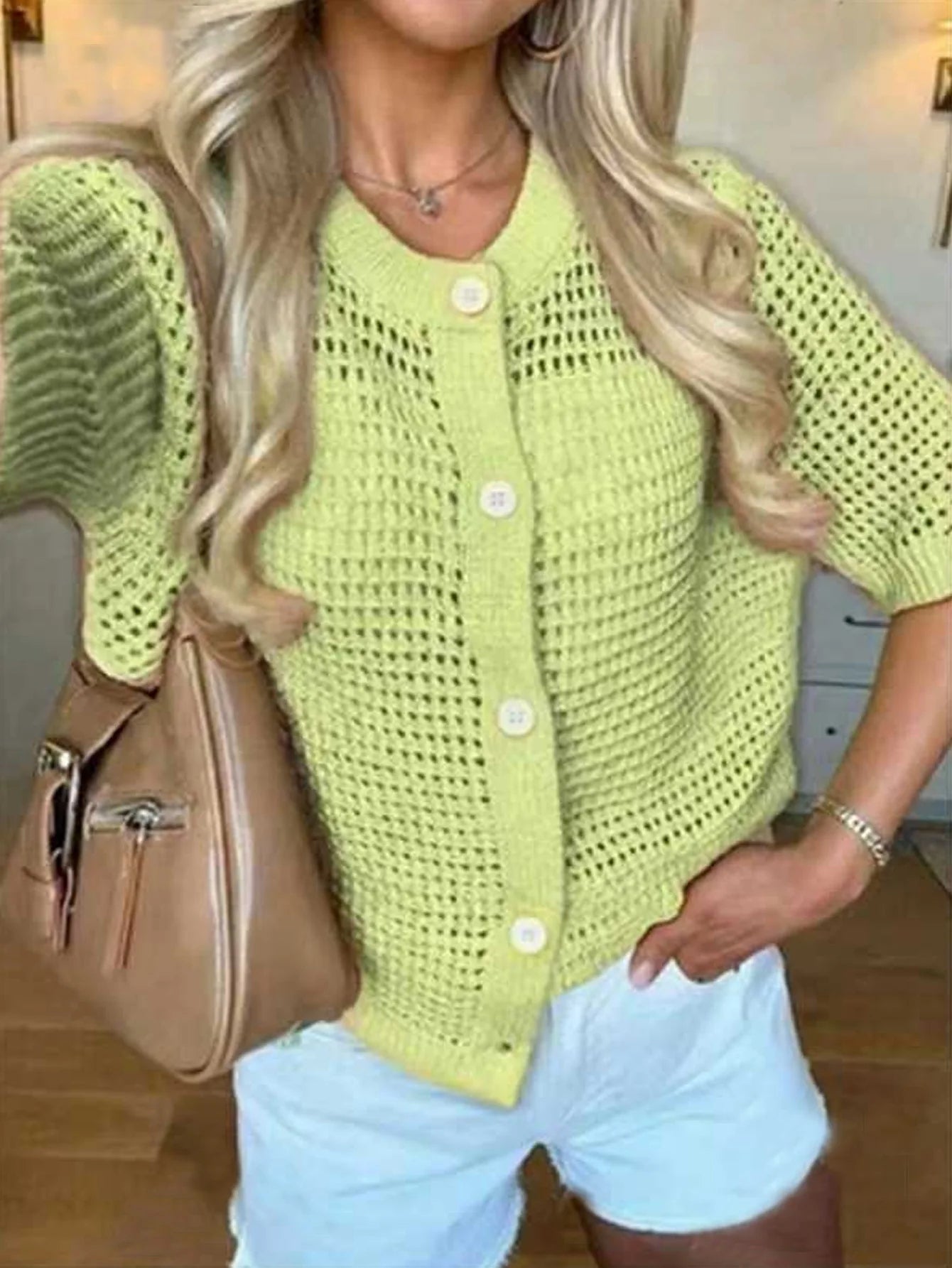 Voguable  Korean Fashion Hollowed Out Round Neck Casual Short Sleeved Cardigan Summer New Solid Color Elegant Women's Knitted Tops voguable
