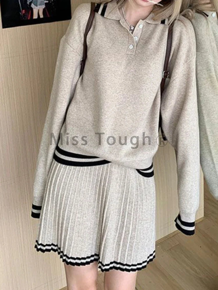 College Style Elegant Sweater Skirt Suit Women Fashion Polo Neck Tops + Pleated Mini Skirt Harajuku Knit Casual Two Piece Suit Pbong