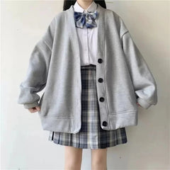 Japanese Preppy Style Autumn Winter New Coats Women V-Neck Solid Pockets Button Fashion Preppy Style Loose Cardigan Jackets voguable