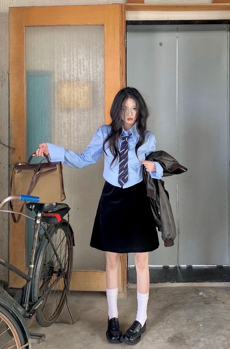 Streetwear Tie Shirts Women Preppy Jk White Long Sleeve Crop Tops Student Korean College Slim Blouses Spring Autumn New voguable